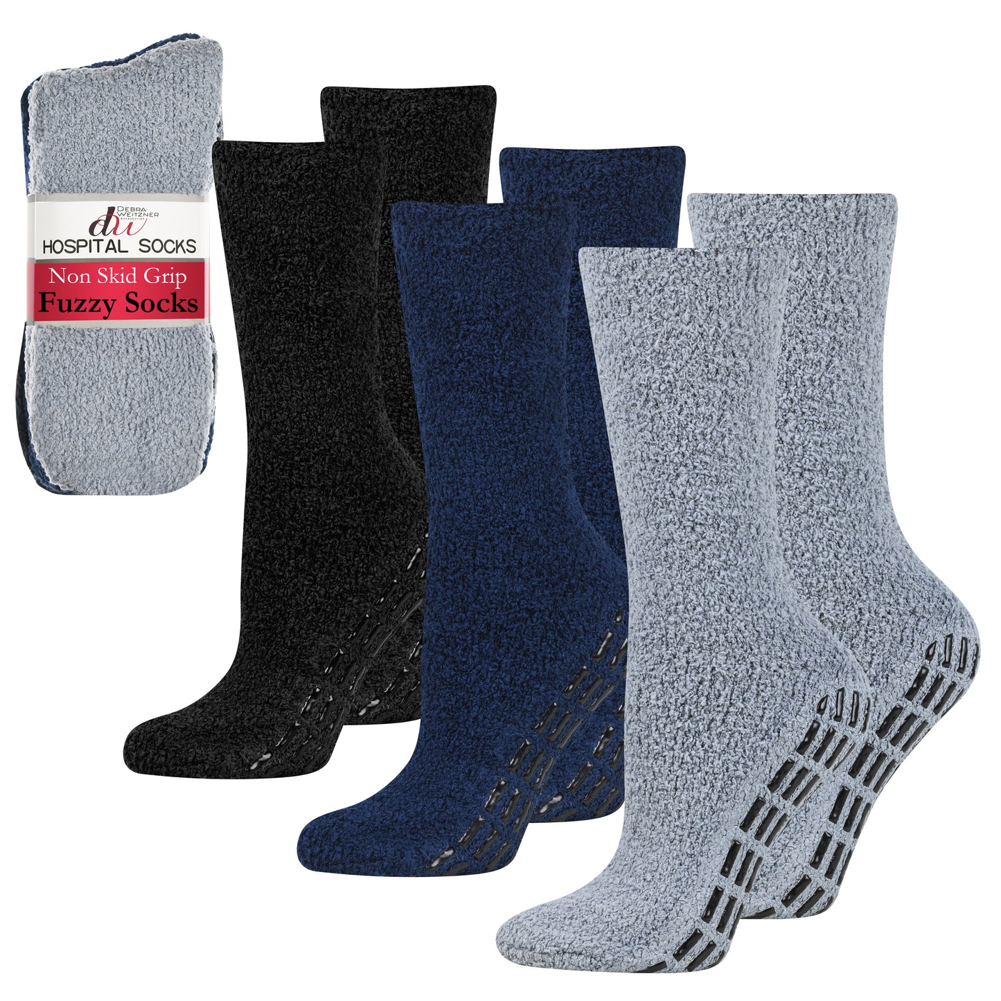 Fuzzy Hospital Socks - Non Slip Grip - 3 Pairs