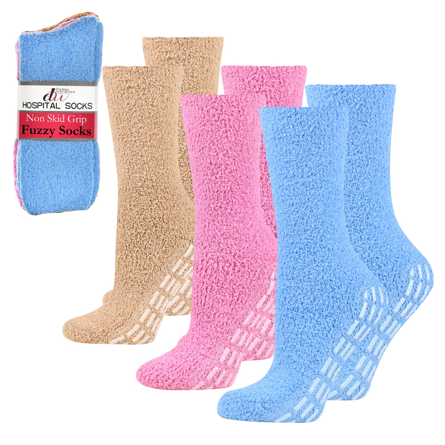 Fuzzy Hospital Socks - Non Slip Grip - 3 Pairs