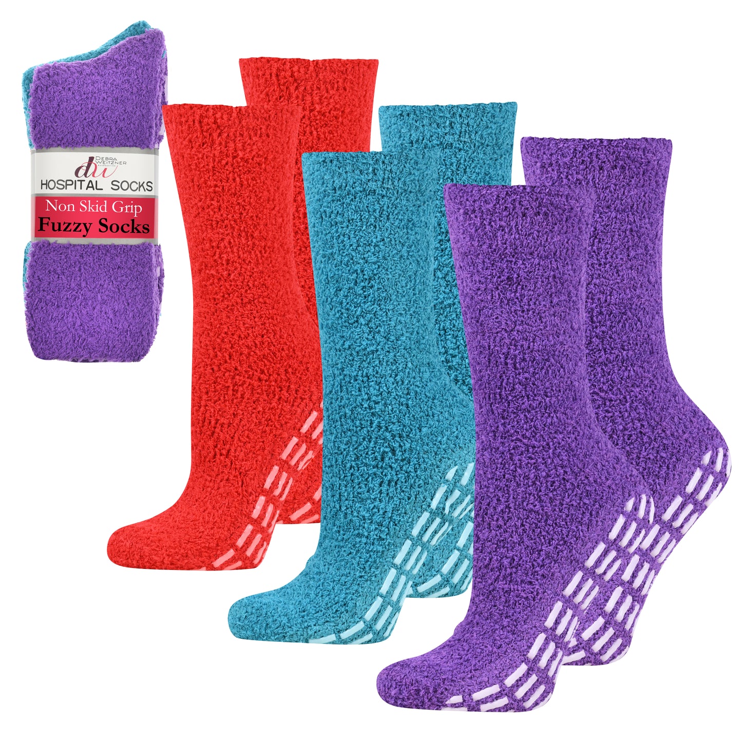 Fuzzy Hospital Socks - Non Slip Grip - 3 Pairs
