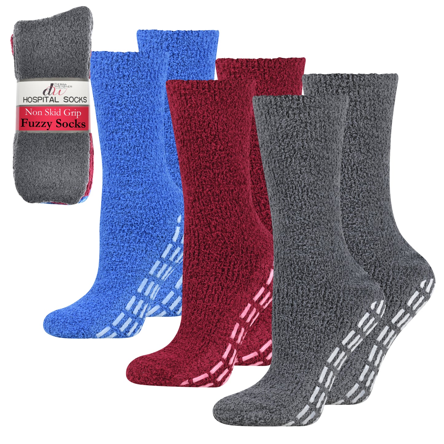 Fuzzy Hospital Socks - Non Slip Grip - 3 Pairs