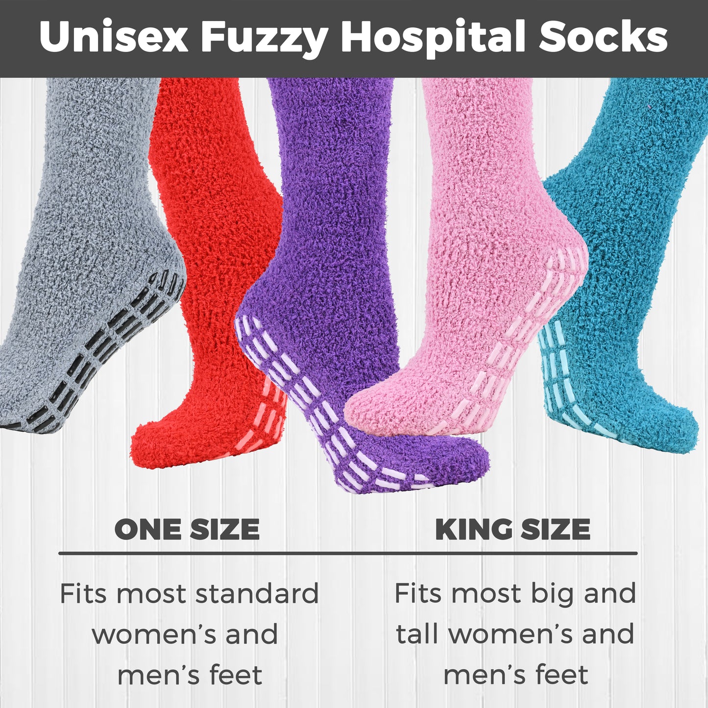 Fuzzy Hospital Socks - Non Slip Grip - 6 Pairs