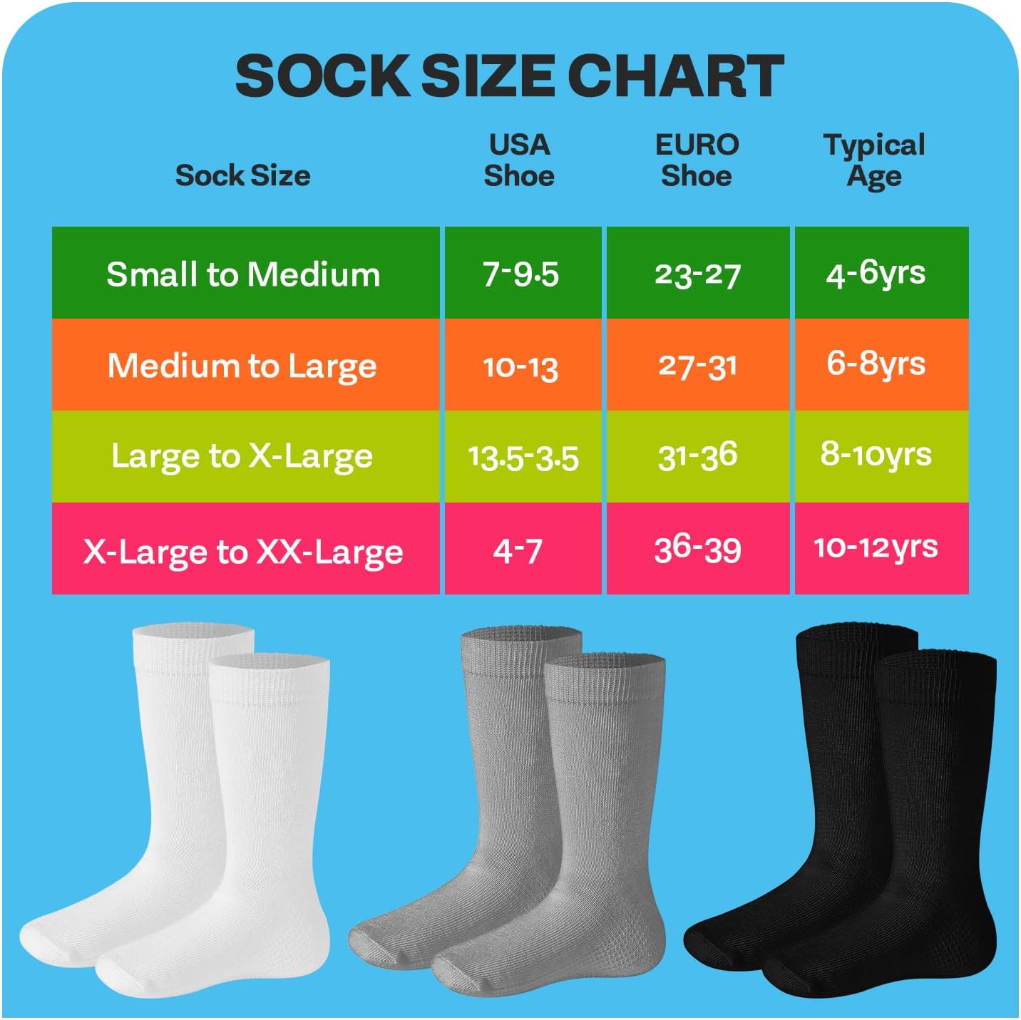 Debra Weitzner Kids Cotton Socks 4-12 Years Boys & Girls - Black and White Soft Kids Crew Socks Seamless Toe - 6 Pairs