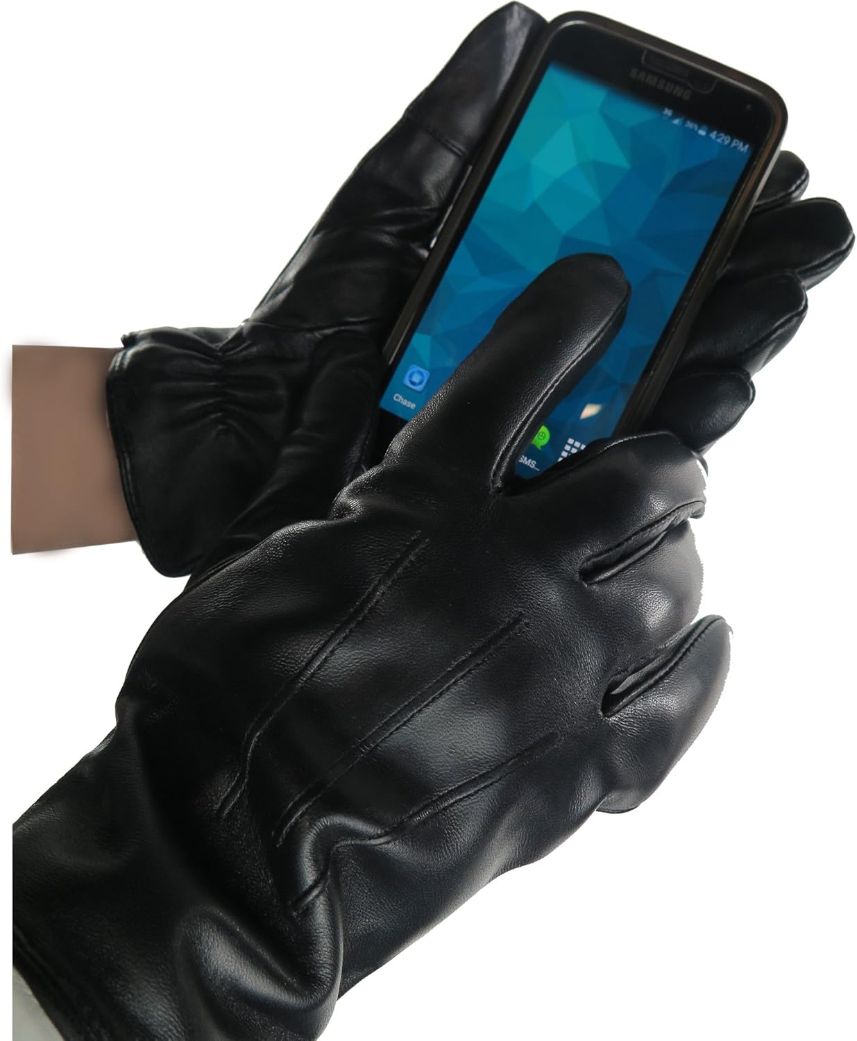 Debra Weitzner Leather Gloves for Men Fur Lined Warm Winter Gloves Touchscreen Black