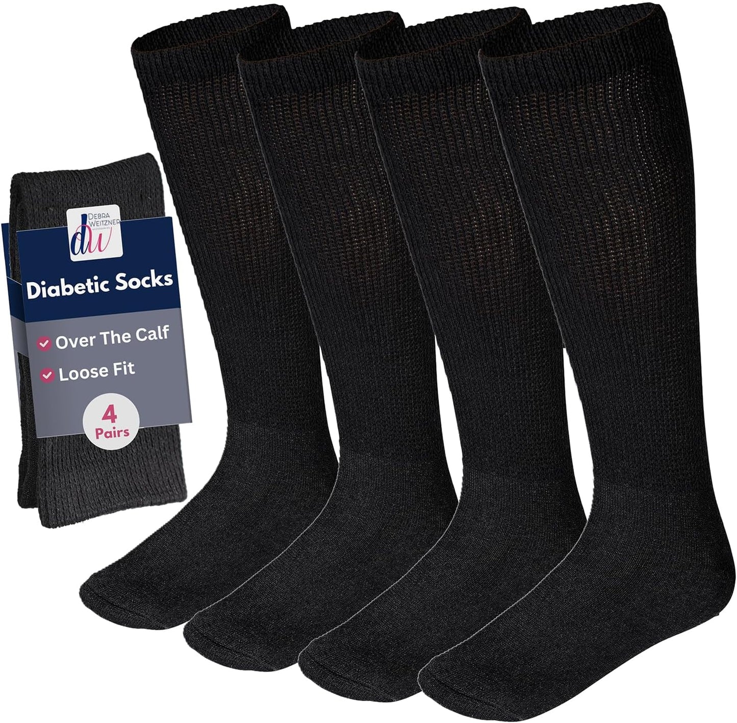 Debra Weitzner Diabetic Socks for Men and Women Over the Calf Knee High Cotton Socks Loose Fit 4 Pairs