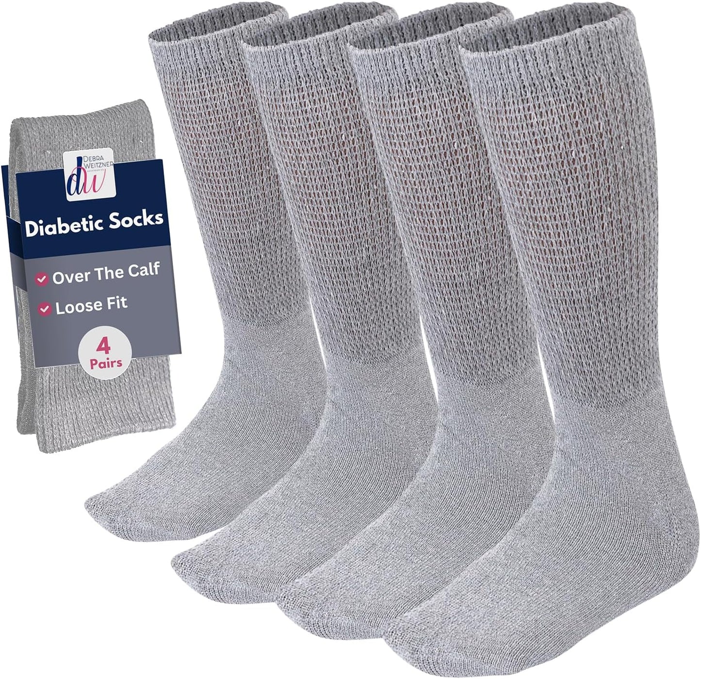 Debra Weitzner Diabetic Socks for Men and Women Over the Calf Knee High Cotton Socks Loose Fit 4 Pairs