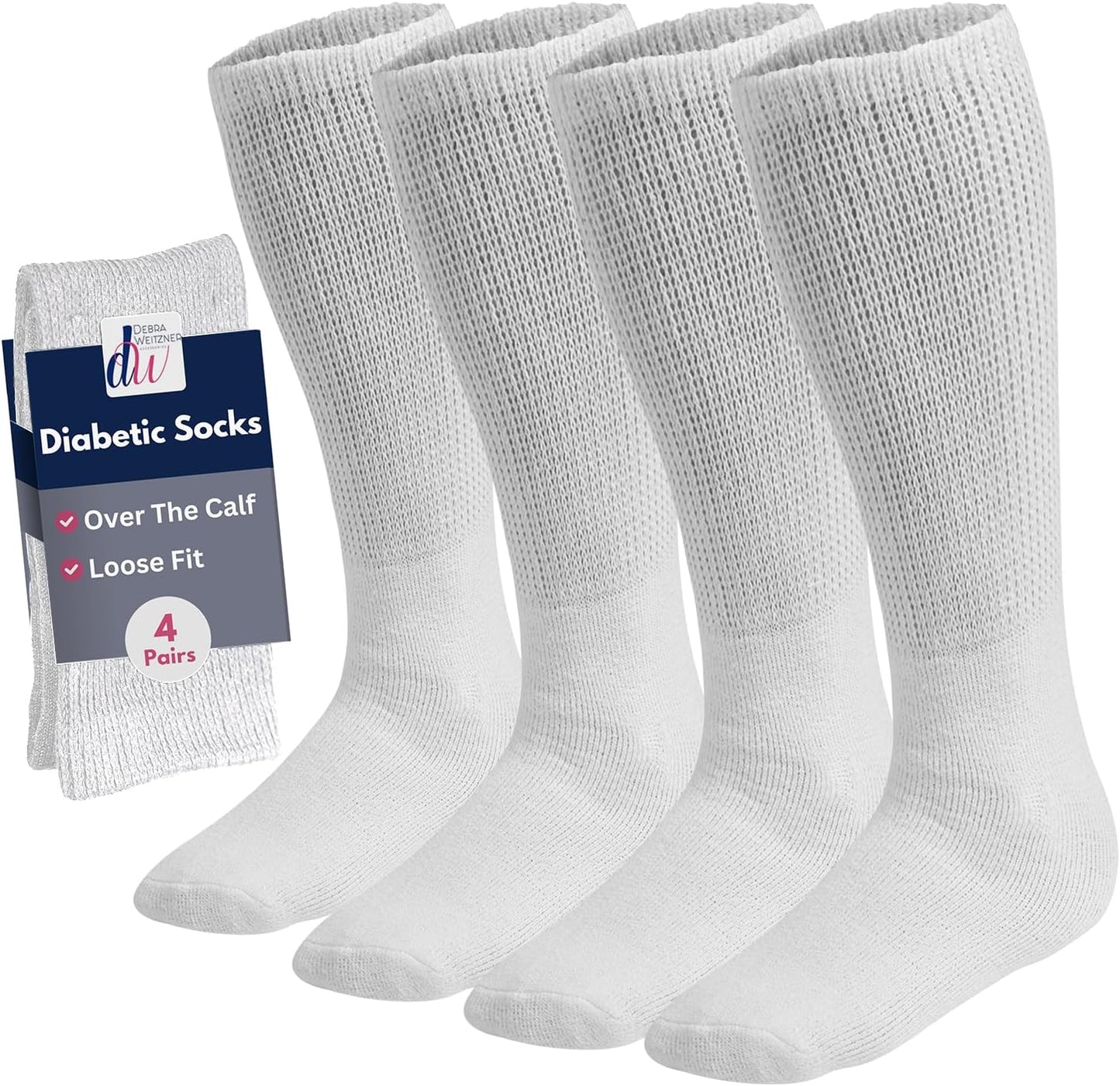 Debra Weitzner Diabetic Socks for Men and Women Over the Calf Knee High Cotton Socks Loose Fit 4 Pairs