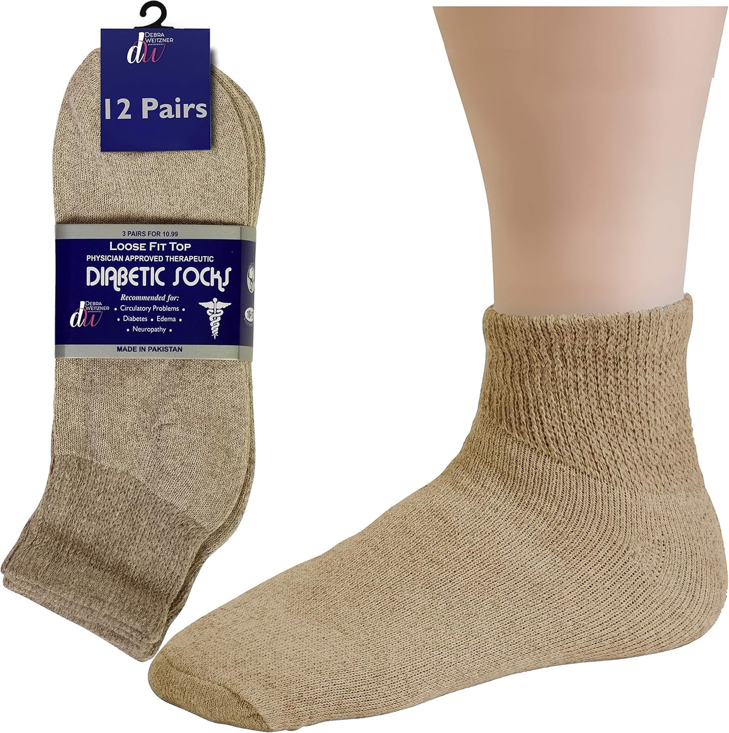 Debra Weitzner Diabetic Ankle Crew Socks Mens Womens Non-binding Socks Loose Fit 12 Pairs