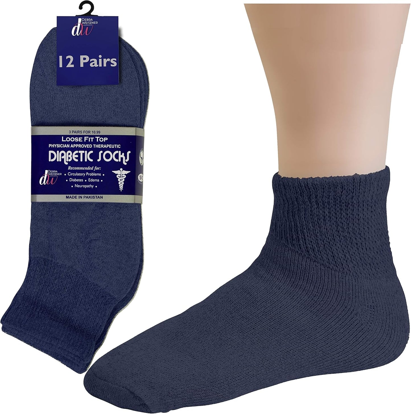 Debra Weitzner Diabetic Ankle Crew Socks Mens Womens Non-binding Socks Loose Fit 12 Pairs