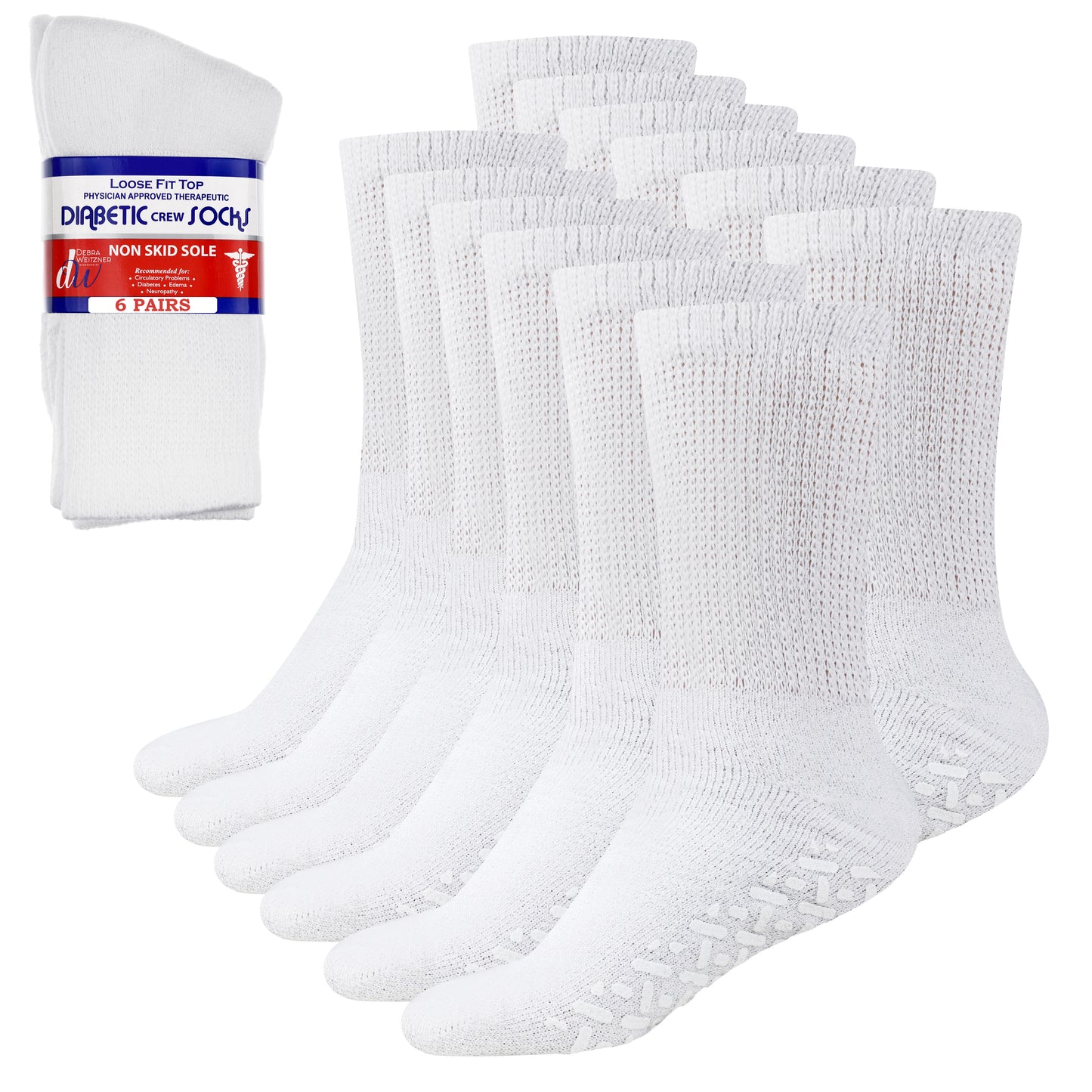 Diabetic Crew Socks with Grips- Non Slip for Men and Women - 6 Pairs