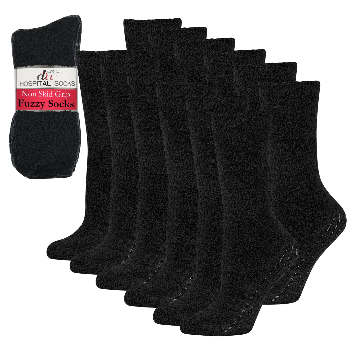 Fuzzy Hospital Socks - Non Slip Grip - 6 Pairs