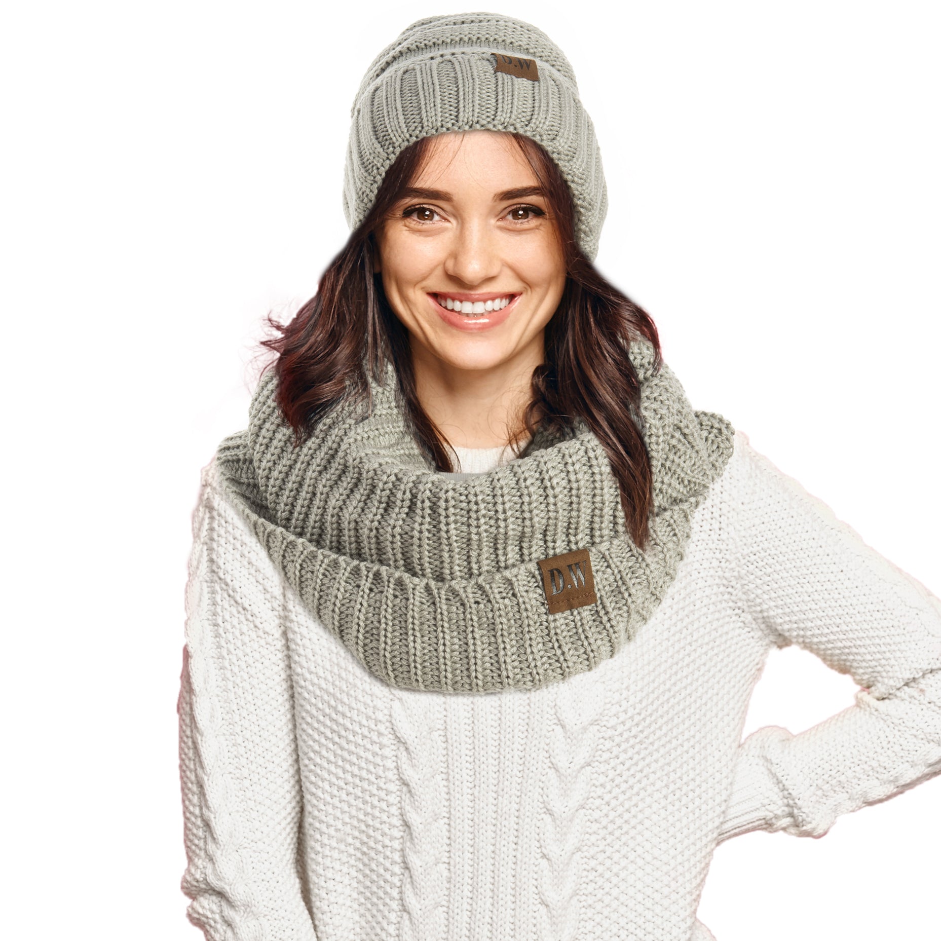 Wool Hat Scarf Set Gray Scarf Knit Loop Scarf for Women Hat 