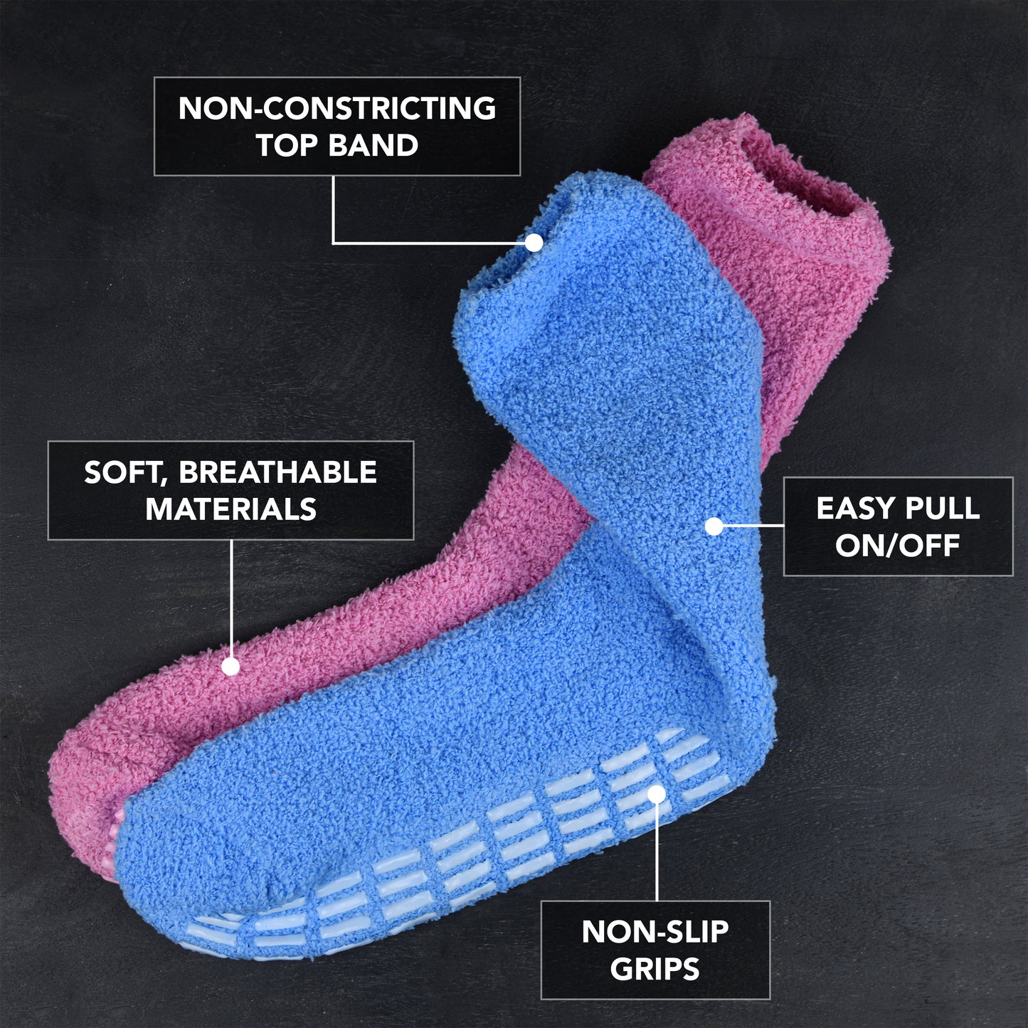 Fuzzy Hospital Socks - Non Slip Grip - 6 Pairs